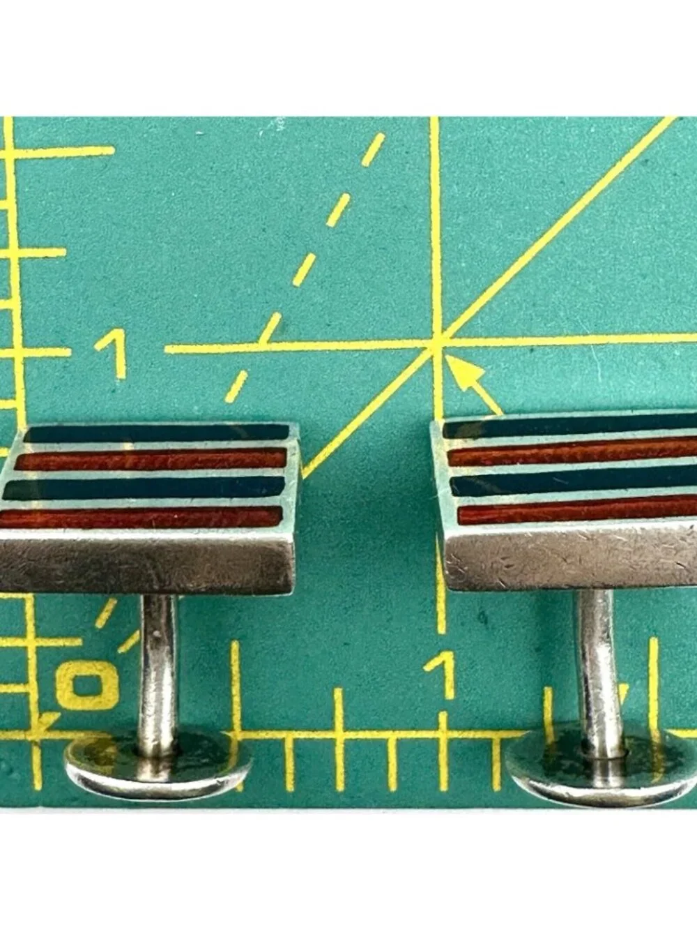 Blue Red Enamel Stripe Cufflinks Designed Signed Sterling Silver Unique Fix Back